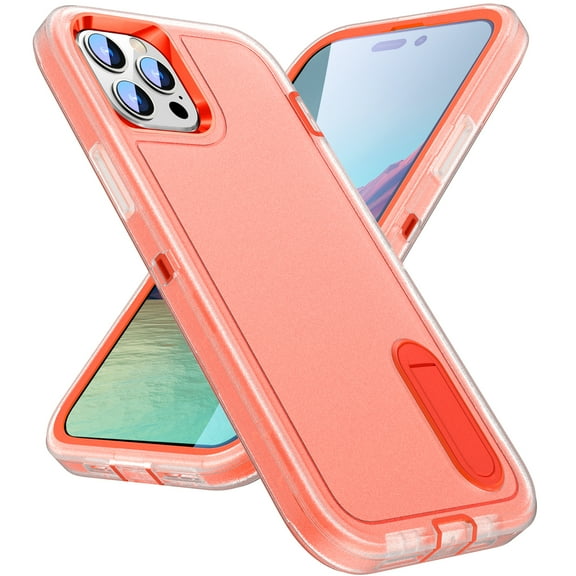 for iPhone 15 Pro Max Case Kickstand Durable 3-Layer Military Grade Protective Cover Hybrid Silicone Heavy Duty Rugged Shockproof Screen Lip Raised Protection for iPhone 15 Pro Max,
Clear+Orange