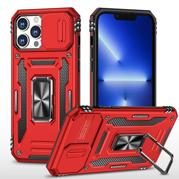 iPhone 15 Pro Max Case with Lens Protection, iPhone 15 Pro Max Ring Holder with Camera Cover & Kickstand Military Grade Shockproof Heavy Duty Protective Support Magnetic Car Mount Holder, Red