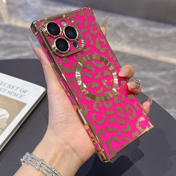 for iPhone 15 Pro Max Case Leopard Print Magnetic with Lens Protector, TPU Plating Shockproof Anti-Scratch Slim Fit Phone Cover for Women Girls, Lightweight Drop Protection Back Case, Rose
