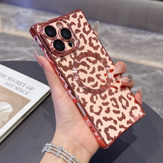 for iPhone 15 Pro Max Case Leopard Print Magnetic with Lens Protector, TPU Plating Shockproof Anti-Scratch Slim Fit Phone Cover for Women Girls, Lightweight Drop Protection Back Case, Pink