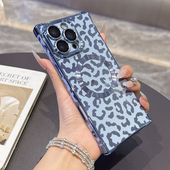 for iPhone 15 Pro Max Case Leopard Print Magnetic with Lens Protector, TPU Plating Shockproof Anti-Scratch Slim Fit Phone Cover for Women Girls, Lightweight Drop Protection Back Case, Blue