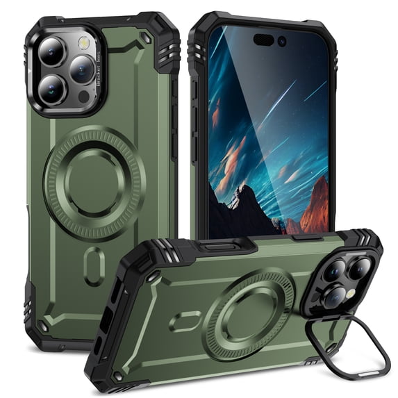 for iPhone 15 Pro Max Case Magnetic with Camera Ring Kickstand, Slim Shockproof Military Protecive Wireless Charging Phone Cover Case Compatible with iPhone 15 Pro Max, Armygreen