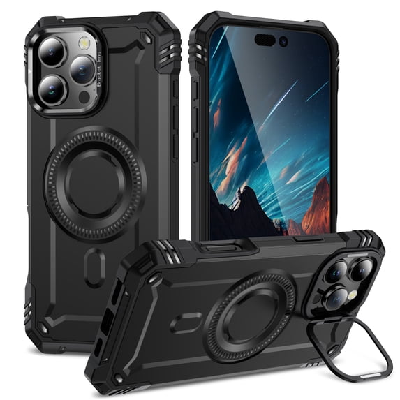 for iPhone 15 Pro Max Case Magnetic with Camera Ring Kickstand, Slim Shockproof Military Protecive Wireless Charging Phone Cover Case Compatible with iPhone 15 Pro Max, Black