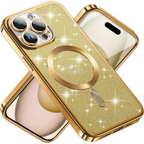 for iPhone 15 Pro Max Case Magnetic Clear Protective Cute Transparent Silicone Soft TPU Luxury Gold Glitter Bling Phone Cases with MAGSAFE Charging for iPhone 15 Pro Max Glitter Gold