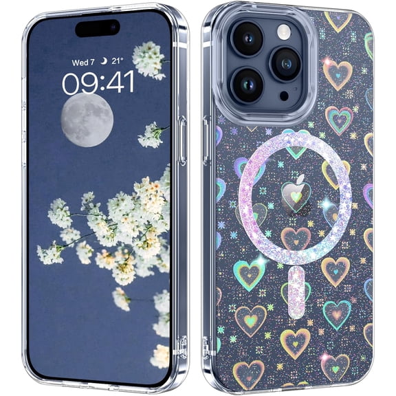 for iPhone 15 Pro Max Case Magnetic[Compatible with Magsafe], Glitter Love Heart Pattern Full Body Protective Cover Slim Shockproof Bling Phone Case for iPhone 15 Pro Max 6.7", Clear