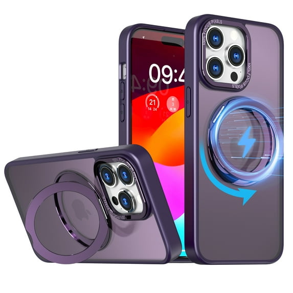 For iPhone 15 Pro Max Case Magnetic, Compatible with Magsafe Matte Back Cover Rotating Kickstand Bumper Rugged Phone Case Cover for Apple iPhone 15 Pro Max, Purple