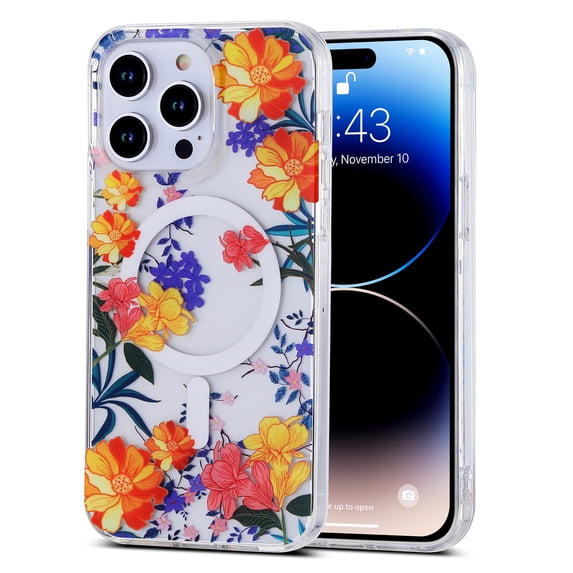 for iPhone 15 Pro Max Case with Magnetic Function, Clear Floral Case with Flower Branch Pattern for Girls Women Slim Fit Cute Hard Back Shockproof Phone Case for iPhone 15 Pro Max, Orange Flower