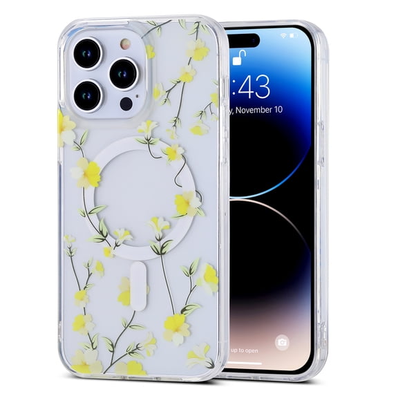 for iPhone 15 Pro Max Case with Magnetic Function, Clear Floral Case with Flower Branch Pattern for Girls Women Slim Fit Cute Hard Back Shockproof Phone Case for iPhone 15 Pro Max, Yellow Flower