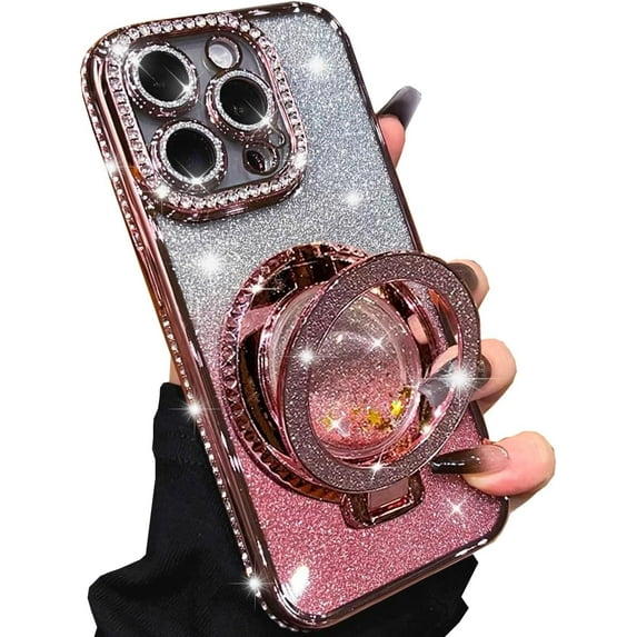 for iPhone 15 Pro Max Case with Magnetic Kickstand, Cute Sparkly Bling Glitter Rhinestones Phone Case, Glass Camera Lens Protector, Flowing Liquid Ring Stand for iPhone 15 Pro Max (Pink)