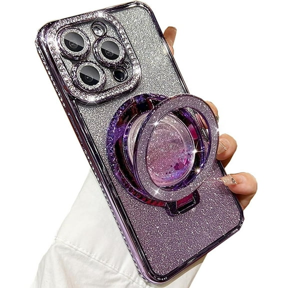 for iPhone 15 Pro Max Case with Magnetic Kickstand, Cute Sparkly Bling Glitter Rhinestones Phone Case, Glass Camera Lens Protector, Flowing Liquid Ring Stand for iPhone 15 Pro Max (Purple)