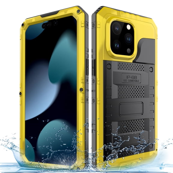 for iPhone 15 Pro Max Case, Military Grade IP68 Waterproof Dustproof Shockproof Full Body Sealed Underwater Case with Built-in Screen Protector Heavy Duty Metal Rugged Defender Phone Case,Yellow