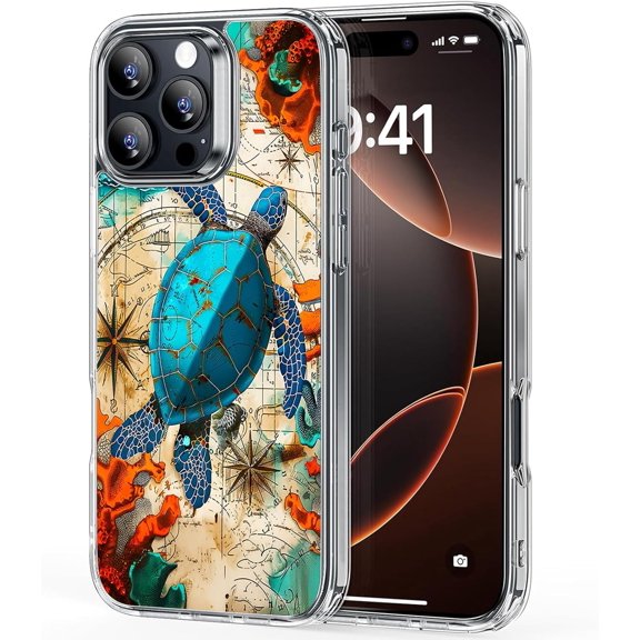 for iPhone 15 Pro Max Case Phone Case Clear 2023 6.7",Military Grade Scratch Hard PC and Soft TPU Dual Layer Shockproof Protection Cover | Nautical Charts Turtle