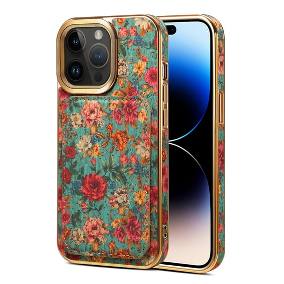 for iPhone 15 Pro Max Case, Plating Camera Frame Vintage Flower Premium PU Leather Back Case with Card Slot Kickstand Military Grade Drop Protection Shockproof for iPhone 15 Pro Max, Blue