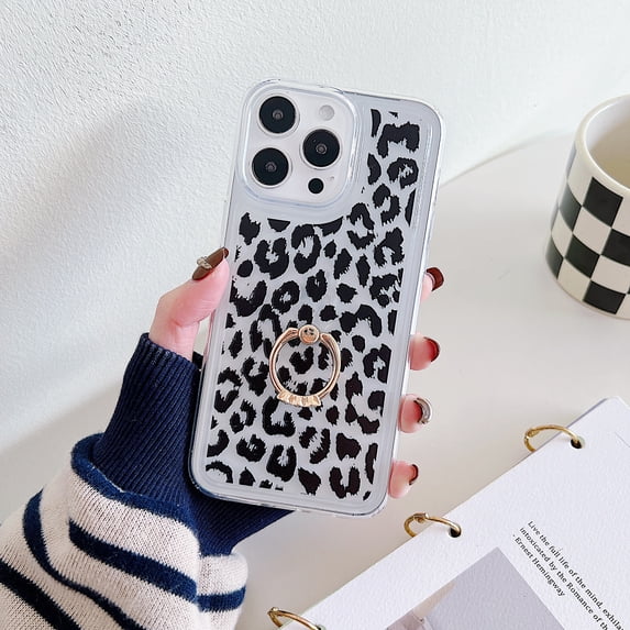for iPhone 15 Pro Max Case with Ring Kickstand Holder, Luxury Clear Soft TPU Pattern Shockproof Drop Protective Lightweight Ultra Slim Phone Case Cover for iPhone 15 Pro Max, Black/White Leopard Print