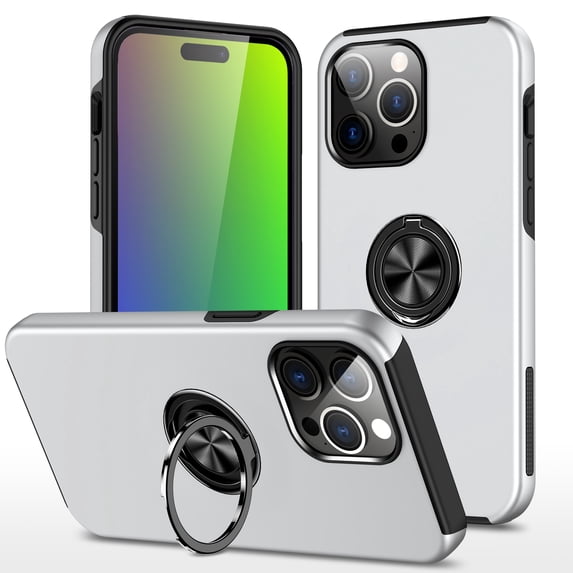 for iPhone 15 Pro Max Case with Ring Stand, 360° Rotatable Ring Holder Magnetic Kickstand, 2-Layer Heavy Duty Shockproof Rugged Hybrid Hard PC Soft Rubber Case for iPhone 15 Pro Max, Silver