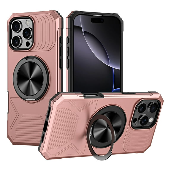 for iPhone 15 Pro Max Case with Ring Stand Holder, Rugged Secure Grip, Military-Grade Drop Protection Phone Case with Kickstand, Heavy Duty Protective Cover Support Magnetic Car Mount, Rosegold