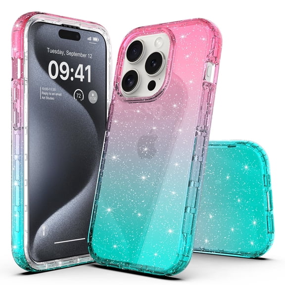 iPhone 15 Pro Max Case, Rosebono Hybrid Glitter Sparkle Transparent Colorful Gradient Skin Cover Case For iPhone 15 Pro Max (Blue/Pink)