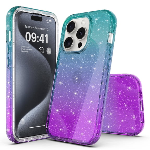 iPhone 15 Pro Max Case, Rosebono Hybrid Glitter Sparkle Transparent Colorful Gradient Skin Cover Case For iPhone 15 Pro Max (Teal/Purple)