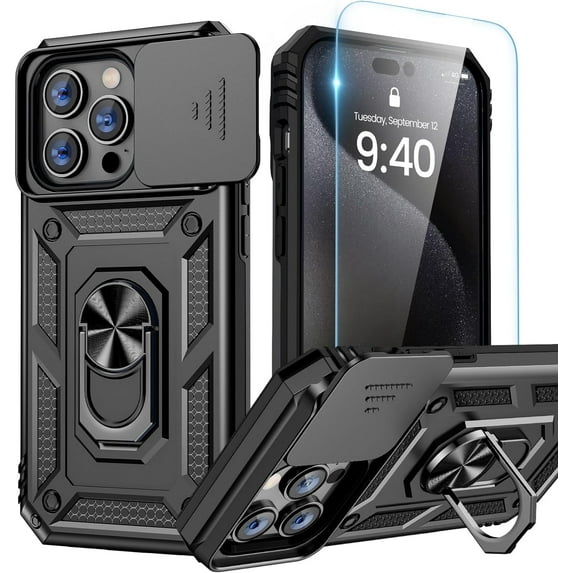 for iPhone 15 Pro Max Case with Screen Protector - Slide Camera Cover Protective Phone Case with Ring Stand, Heavy Duty Shockproof Rugged Bumper for iPhone 15 Promax Accessories Black