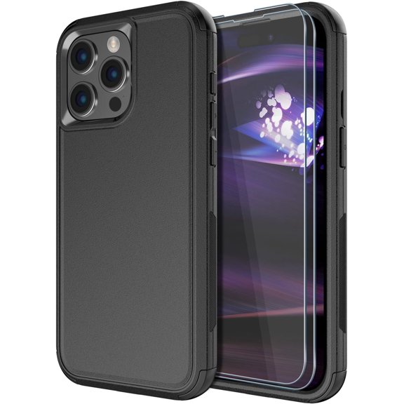 for iPhone 15 Pro Max Case [Shockproof] [Dropproof] [Tempered Glass Screen Protector ],Heavy Duty Protection Phone Case Cover for Apple iPhone 15 pro max 6.7 inch (Black -3in1)