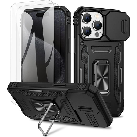 for iPhone 15 Pro Max Case, with Slide Camera Cover & Built-in Rotating Kickstand Ring & Front Glass Screen Protector Phone Case for iPhone 15 Pro Max 6.7 inch, Black