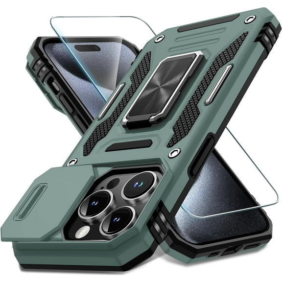 for iPhone 15 Pro Max Case with Slide Camera Cover+Screen Protector(1 Pack), Rotated Ring Kickstand Military Grade Shockproof Protective Cover 6.7 Inch-Green