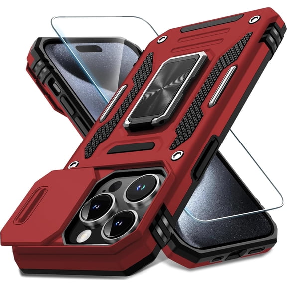 for iPhone 15 Pro Max Case with Slide Camera Cover+Screen Protector(1 Pack), Rotated Ring Kickstand Military Grade Shockproof Protective Cover 6.7 Inch-Red