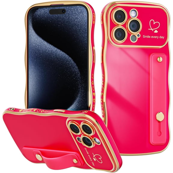 for iPhone 15 Pro Max Case with Strap,Luxury Cute Curly Wave Frame Love Heart Plating with Wristband Pattern,Raised Full Camera Soft TPU Protective Phone Cases for Women Girls-Hot Pink