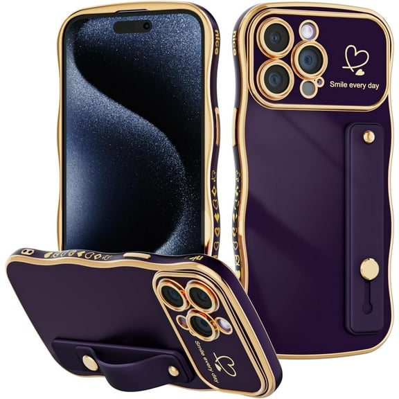 for iPhone 15 Pro Max Case with Strap,Luxury Cute Curly Wave Frame Love Heart Plating with Wristband Pattern,Raised Full Camera Soft TPU Protective Phone Cases for Women Girls-Dark Purple