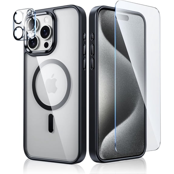 for iPhone 15 Pro-Max Case: Support Magnetic Charging Anti Yellowing Shockproof Phone Case with Tempered Screen Protector - Military Grade Drop Proff Rugged Protection Cover - Metal Design