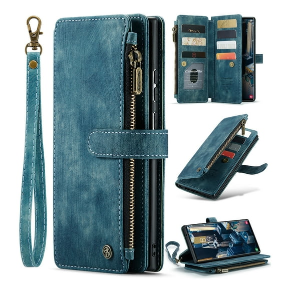 for iPhone 15 Pro Max Case, Wallet Case with Card Holder Kickstand Magnetic Zipper Pocket Lanyard Strap Wristlet,Leather Flip Case Wallet for iPhone 15 Pro Max, Blue