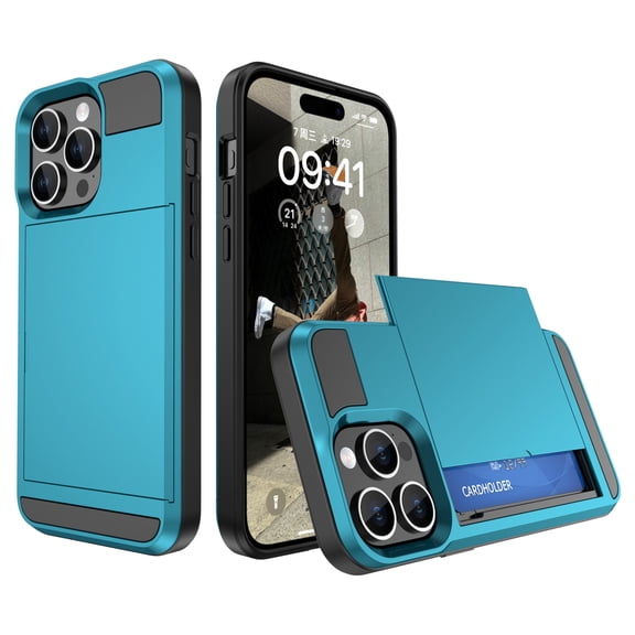 for iPhone 15 Pro Max Case Wallet Credit Card Holder ID Slot Sliding Door Hidden Pocket Men Anti-Scratch Dual Layer Hybrid Bumper Armor Protective Shell Back Cover For iPhone 15 Pro Max, Lightblue