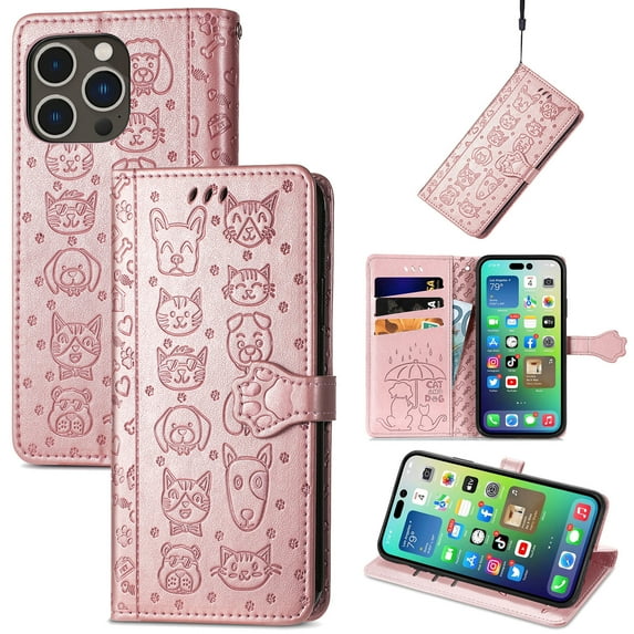 for iPhone 15 Pro Max Case Wallet,Magnetic Closure PU Leather Cute Embossed with Wrist Strap, RFID Blocking Card Slots Pocket Flip Kickstand Protective Phone Case Cover for iPhone 15 Pro Max,Rosegold