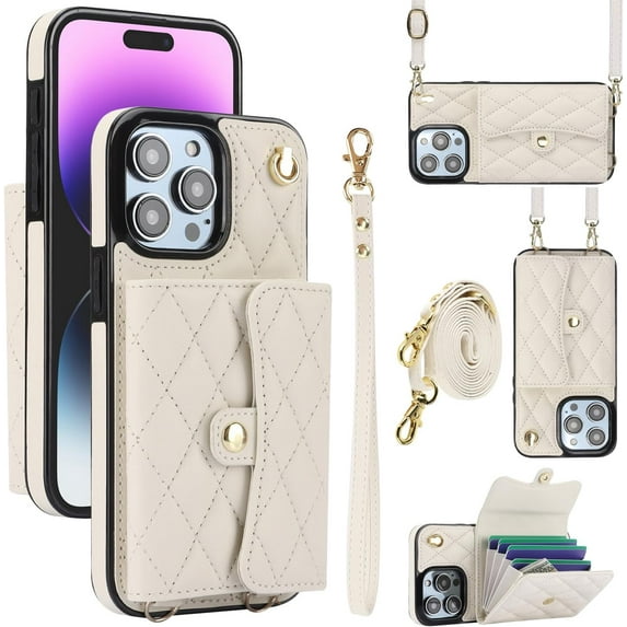 for iPhone 15 Pro Max Case, Wallet Phone Case Cute Leather Case with Card Holder Crossbody Cover for Women Girls Strap Wristlet RFID Blocking Shockproof Protective Cover, White