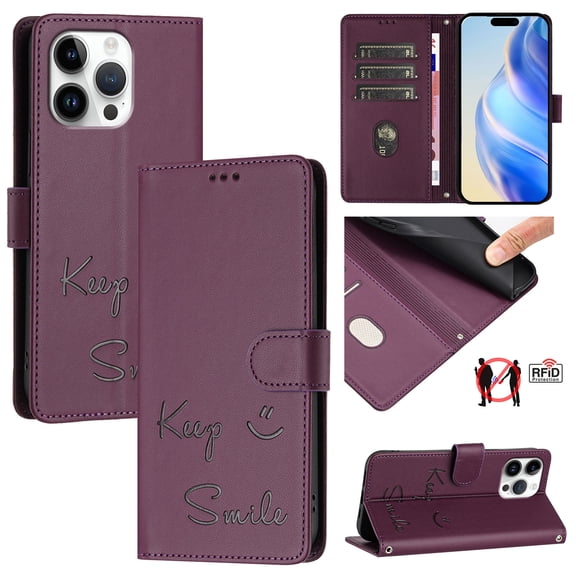 for iPhone 15 Pro Max Case Wallet with RFID Blocking Card Holder, Shoulder Strap & Wrist Strap, Smile Pattern PU Leather Magnetic Clasp Flip Wallet Phone Case for iPhone 15 Pro Max, Darkpurple