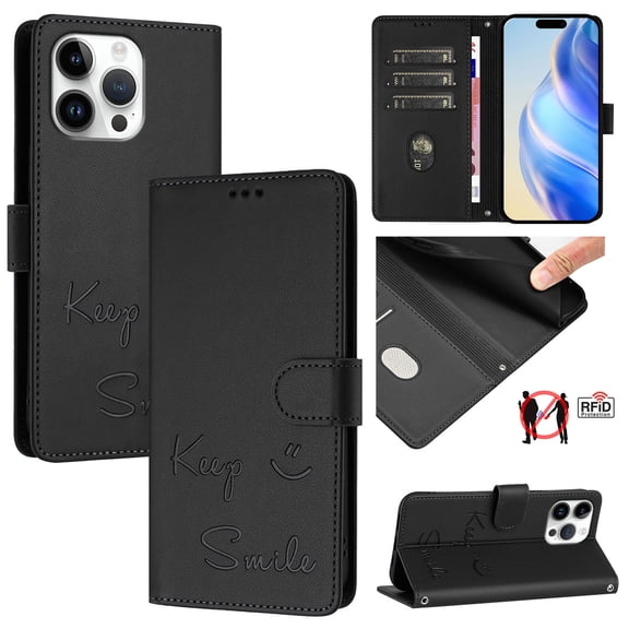 for iPhone 15 Pro Max Case Wallet with RFID Blocking Card Holder, Shoulder Strap & Wrist Strap, Smile Pattern PU Leather Magnetic Clasp Flip Wallet Phone Case for iPhone 15 Pro Max, Black