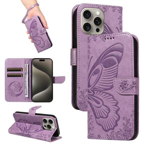 for iPhone 15 Pro Max Case Wallet for Women, Flip Folio Cover with Butterfly Pattern PU Leather Stand Card Holder Slots Wrist Strap Protective Phone Case for iPhone 15 Pro Max, Purple