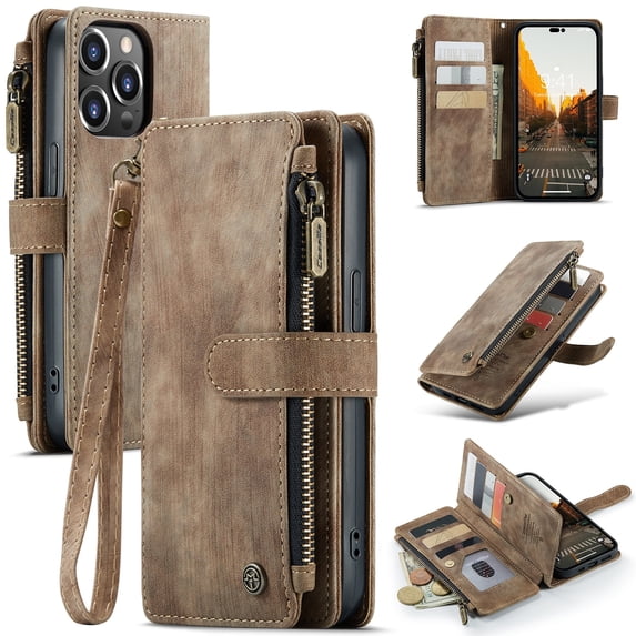 for iPhone 15 Pro Max Case Wallet for Women and Men, iPhone 15 Pro Max Case, PU Leather Magnetic Flip Strap Wristlet Zipper Card Holder Wallet Business Phone Cover for iPhone 15 Pro Max, Brown