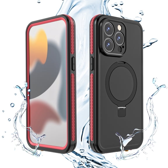 for iPhone 15 Pro Max Case Waterproof, Built in Screen Protector Dropproof Dustproof Shockproof Full Body Protective Rugged Magsafe Ring Kickstand Heavy Duty Phone Case, Red