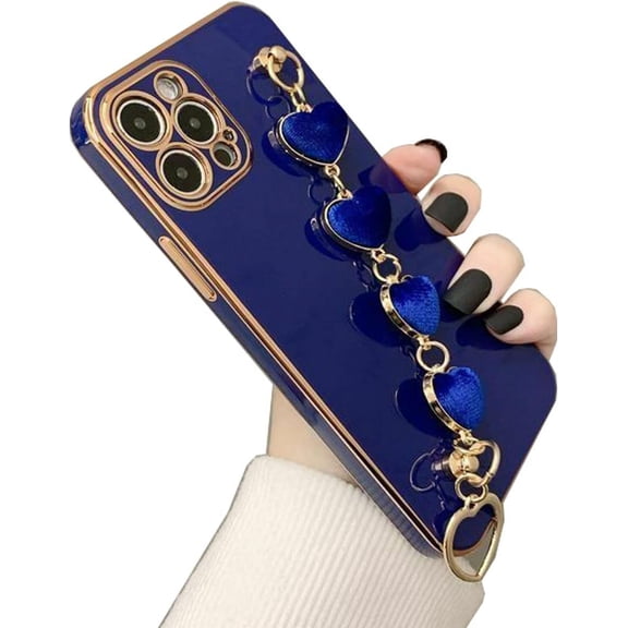 for iPhone 15 Pro Max Case with Wrist Strap, Cute Love Heart Chain Bracelet Luxury Plating Bumper Soft Silicone Shockproof Women Girls Protective Case for iPhone 15 Pro Max 6.7 Inch (Black)