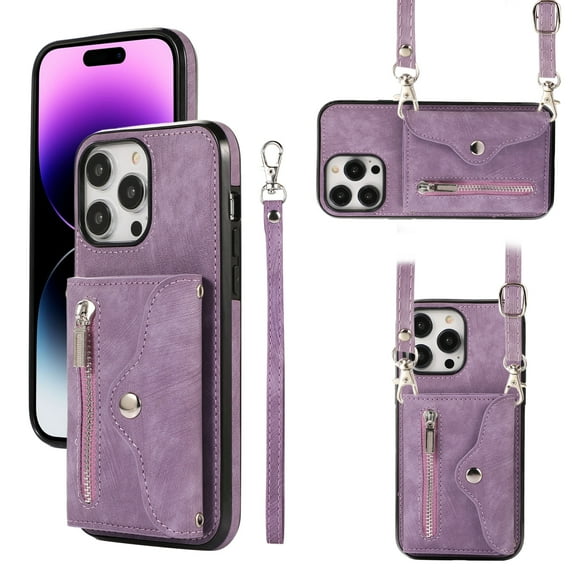 for iPhone 15 Pro Max Case with Zipper Card Holders and Crossbody Strap & Short Belt for Women, RFID Blocking PU Leather Button Flip Shockproof Wallet Case Cover for iPhone 15 Pro Max - Purple