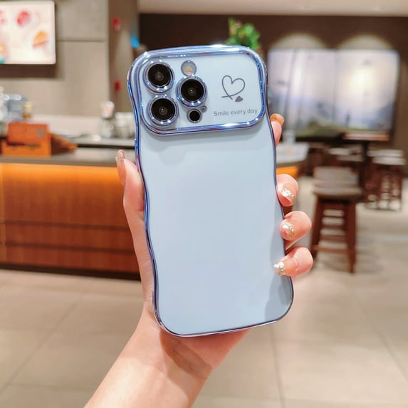 For iPhone 15 Pro Max Case,for Women Girls Soft Cute Wave Frame Curly Shape Love Heart Luxury Plating Phone Case,Luxury Slim Plating EdgeCase,Anti-slip Grip,Full camera lens protection,Blue