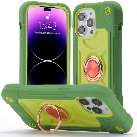 iPhone 15 Pro Max Case with Ring Kickstand Silicone Full Body Rugged Heavy Duty Protective Cover-Green
