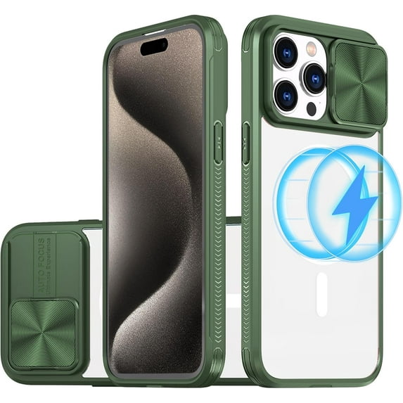 for iPhone 15 Pro Max Clear Case with Slide Camera Lens Cover, Compatible with MagSafe, Non-Slip Slim Magnetic Shockproof PC Back Soft TPU Frame Case iPhone 15 Pro Max 6.7'' 2023, Green