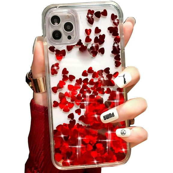 for iPhone 15 Pro Max Clear Glitter Case, Bling Moving Liquid Flowing Floating Sparkle Shiny Soft TPU Bumper Shockproof Hard Back Women Girls Protective Case for iPhone 15 Pro Max 6.7" (Red)