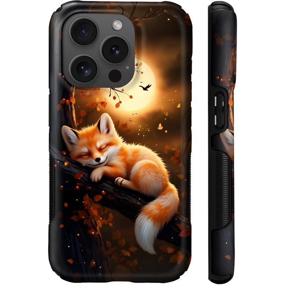 for iPhone 15 Pro Max Compatible with Magsafe Full Body Case Screen Lens Protection Magnetic Ring for Girl Boy Cute Pattern Cute Orange Fox Sleeping Branch Moon Light
