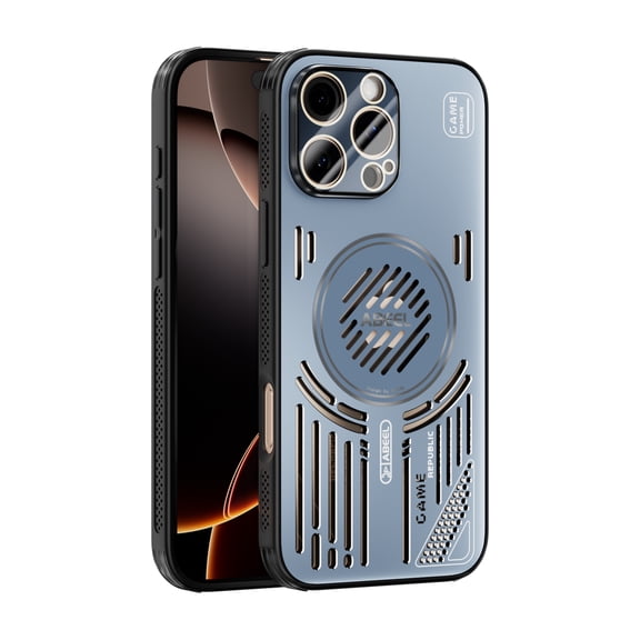 for iPhone 15 Pro Max Cooling Case, Magnetic Heat Dissipation Phone Case Breathable Cooling Hollow Hole Cover Support Wireless Charging Shockproof Protective Case, with Lens Protector, Blue