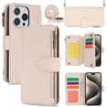 thumbnail image 1 of for iPhone 15 Pro Max Crossbody Case, RFID Blocking for iPhone 15 Pro Max Case Wallet with Card Holder, Fashion PU Leather Magnetic Flip Zipper Wrist Strap Lanyard Phone Case, White, 1 of 11