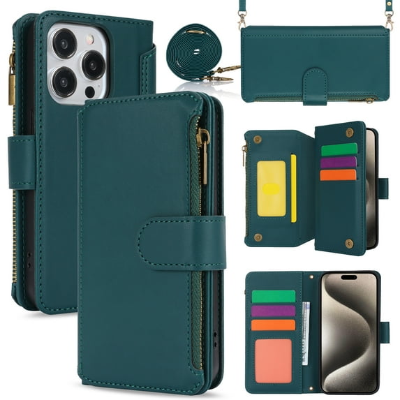 for iPhone 15 Pro Max Crossbody Case, RFID Blocking for iPhone 15 Pro Max Case Wallet with Card Holder, Fashion PU Leather Magnetic Flip Zipper Wrist Strap Lanyard Phone Case, Green