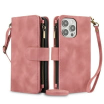 for iPhone 15 Pro Max Crossbody Case Wallet with Card Slots - PU Leather Case RFID Blocking Zipper Pocket Lanyard Wrist Strap Shockproof Protective Phone Cover for iPhone 15 Pro Max, Rosegold